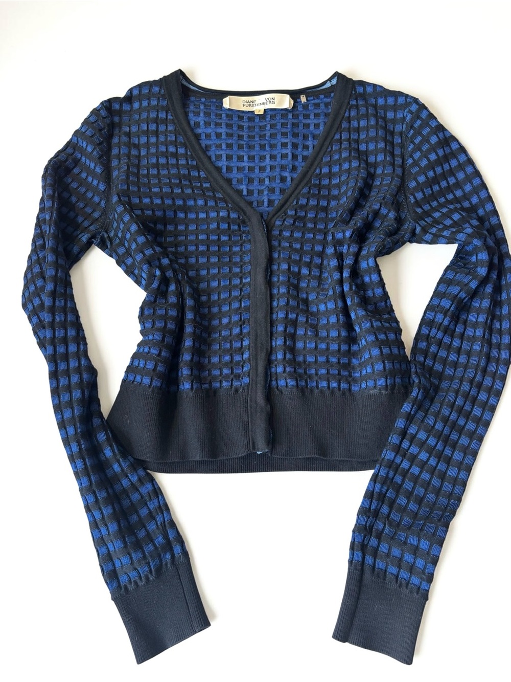Diane Von Furstenberg Blue Black Check Knit Cardigan Y2K Office Siren S